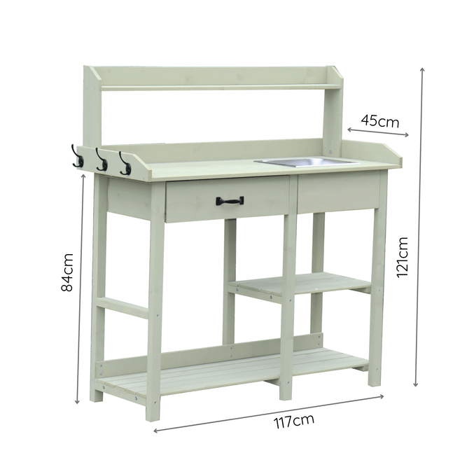 Garden Potting Bench with Hooks, Drawer & Dry Sink at Gardenesque