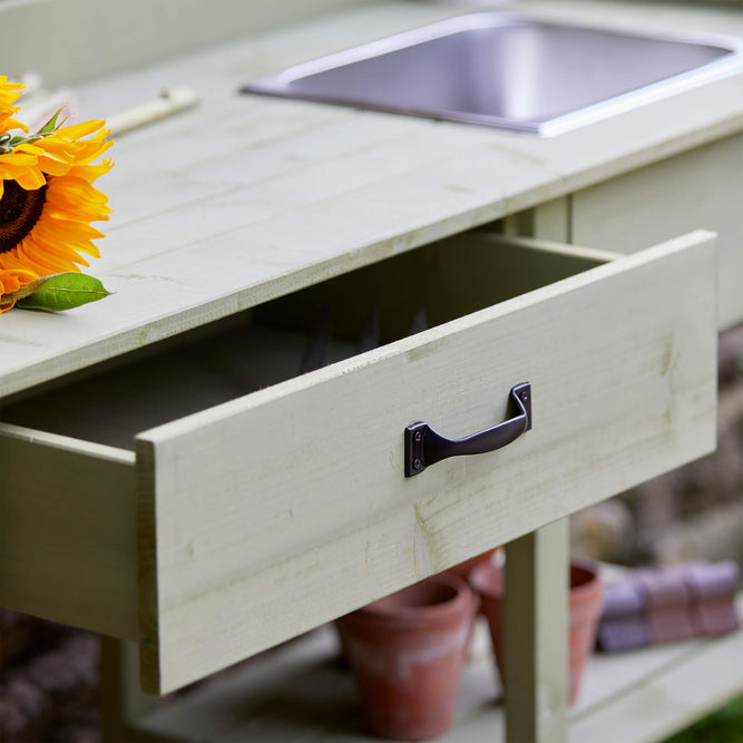 Garden Potting Bench with Hooks, Drawer & Dry Sink at Gardenesque