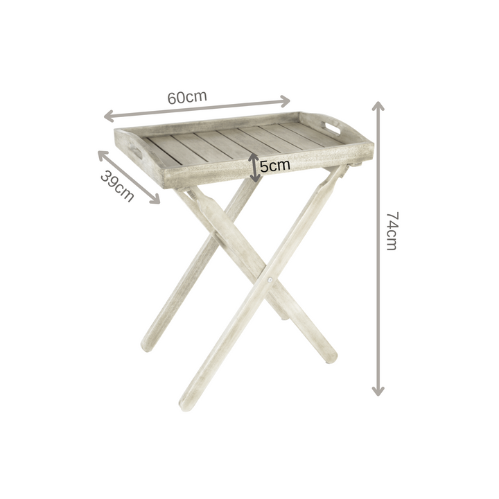 Technical dimensions of the Repton outdoor tray table, including height, width, and foldable tray specifications.