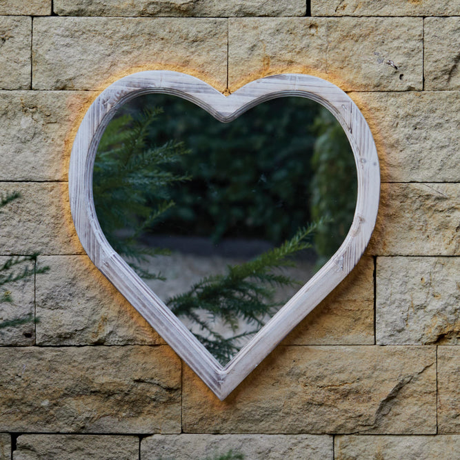 Rustic Heart Wooden Solar Light Up Garden Mirror available at Gardenesque