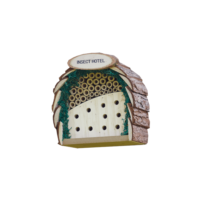 small insect and bug hotel with bark roof