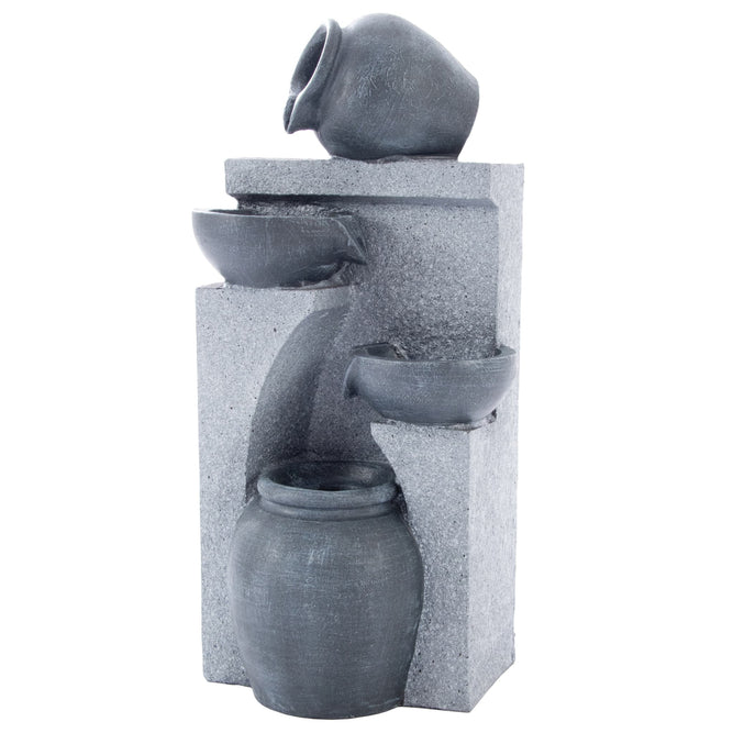 Solar Powered Garden Water Feature with LED Lights & Pump - Grey Jugs & Bowls - 52cm - Gardenesque