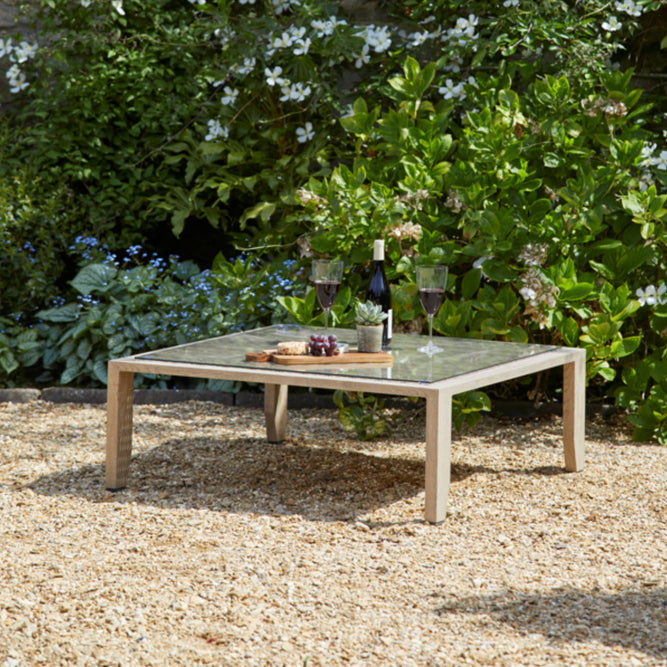 6 Seater Wood Effect Aluminium Garden Corner Sofa with Coffee Table - Sherwood at Gardenesque