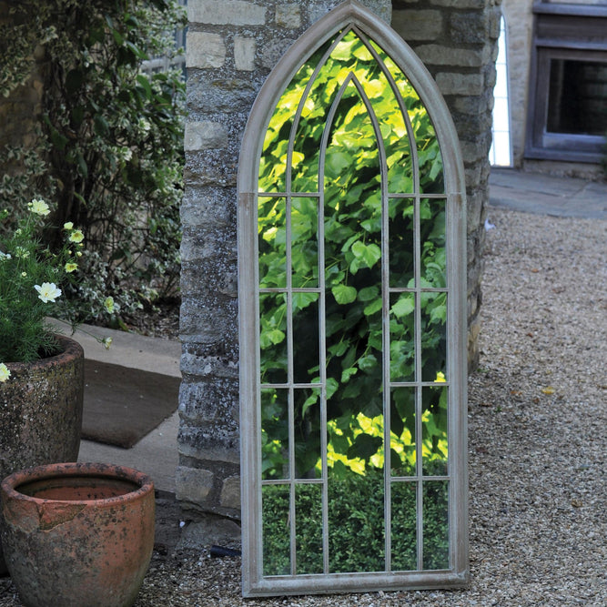 Tall Arch Framed Outdoor Garden Mirror - Cool Grey at Gardenesque