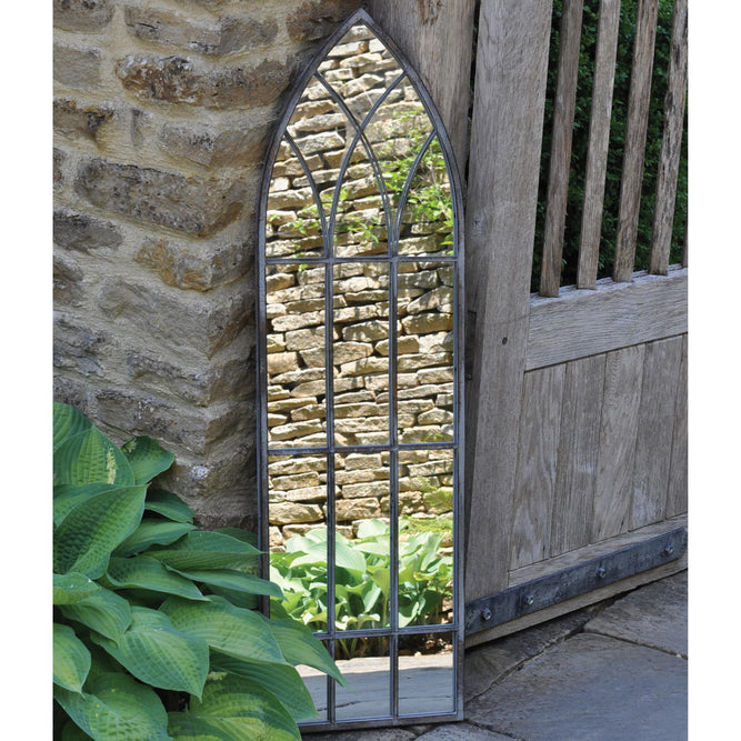 Tall Arch Outdoor Framed Garden Mirror - Grey Metal at Gardenesque