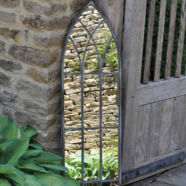 Tall Arch Outdoor Framed Garden Mirror - Grey Metal at Gardenesque