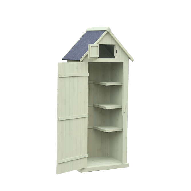 tall garden tool shed with shelves