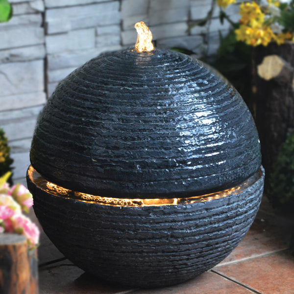 Circular Water Feature with Pump & LED Light – Textured Globe - 42cm available at Gardenesque