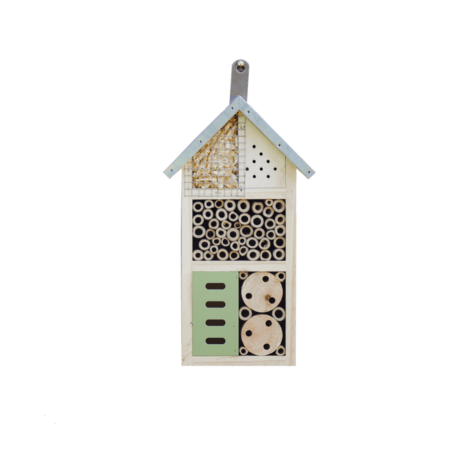 wooden insect hotel with bamboo
