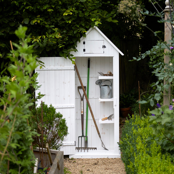 garden tool shed with shelves