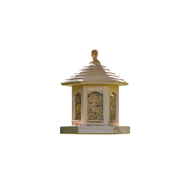 wooden bird feeder with roof and windows