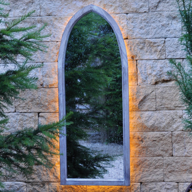 Wooden Framed Outdoor Solar Light Up Garden Mirror - Grey at Gardenesque