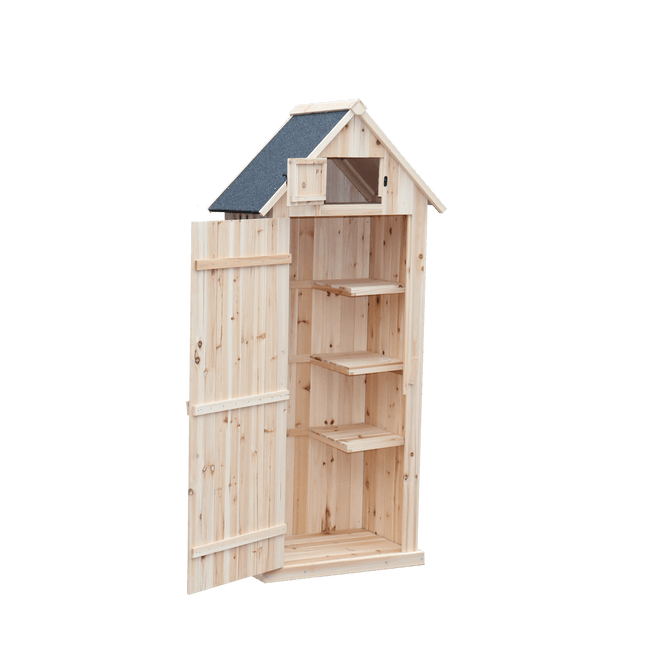 wooden garden tool shed with shelves